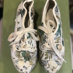 J Slides Green and Cream Botanical Sneakers with Canvas Upper